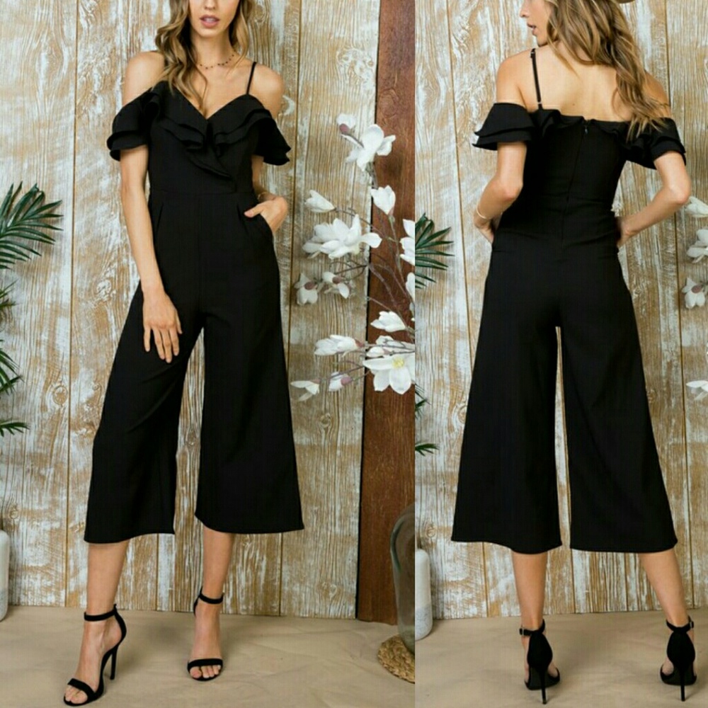 KATHY Solid Ruffle Jumpsuit - BLACK